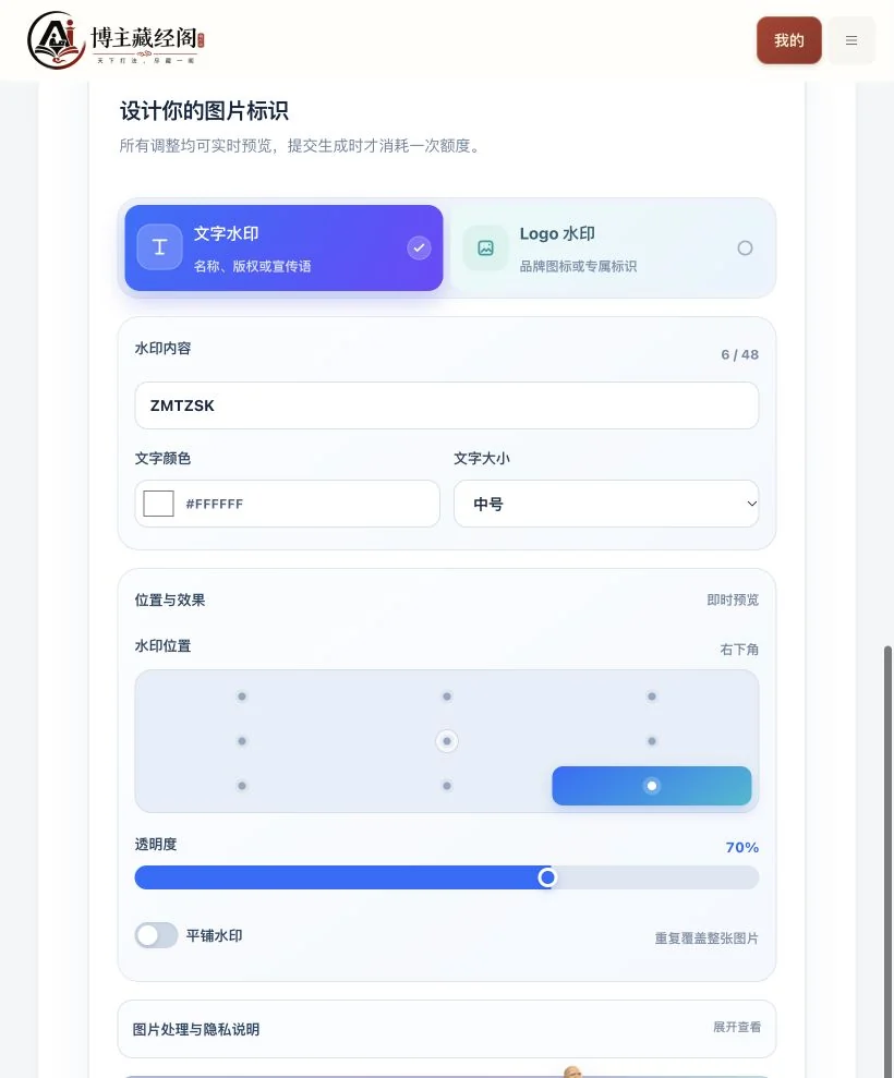 独立图片水印工具：文字与Logo参数实际功能页面