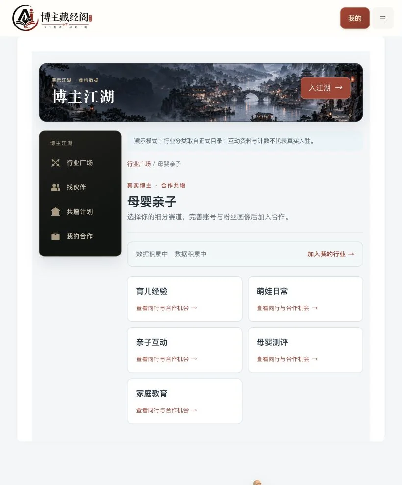 博主江湖行业浏览（站内演示，非真实入驻数据）实际功能页面