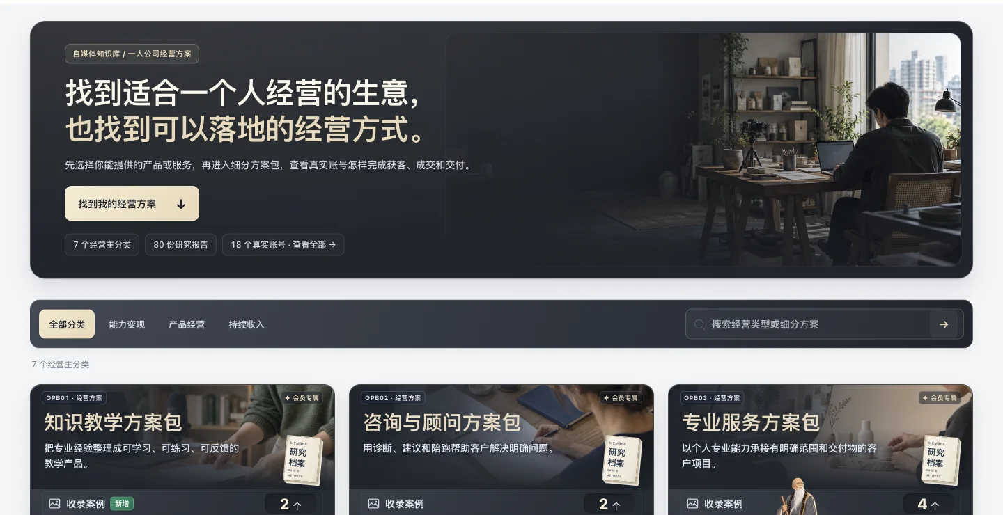 OPC一人公司自媒体运营方案报告库的网站实际界面