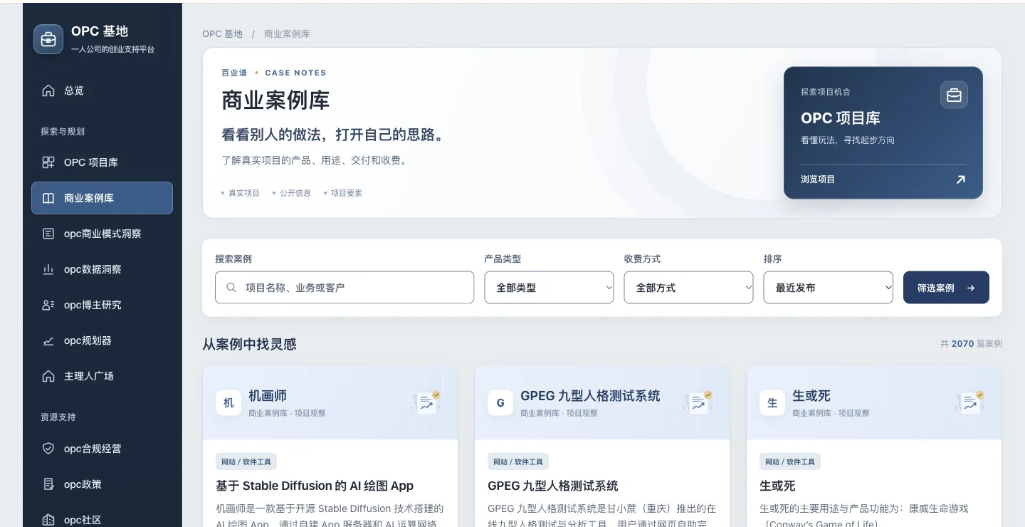 全球最新OPC商业项目模式案例库的网站实际界面